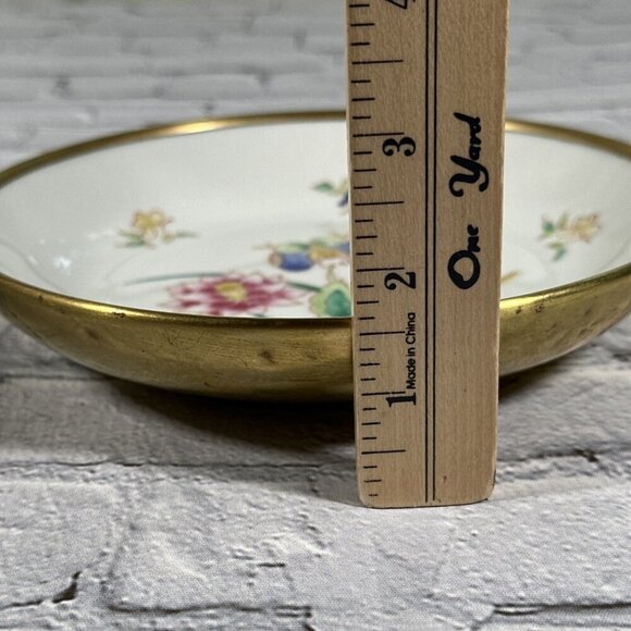 Vintage White Pink Butterfly Porcelain Brass Style Metal Trinket Bowl Hong Kong - Picture 9 of 14